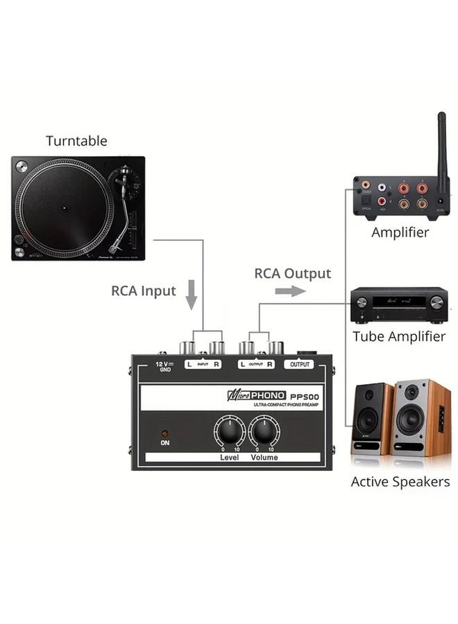 Black PP500NEW MM Phono Preamplifier with Headphone Jack and RCA Output - Image 1